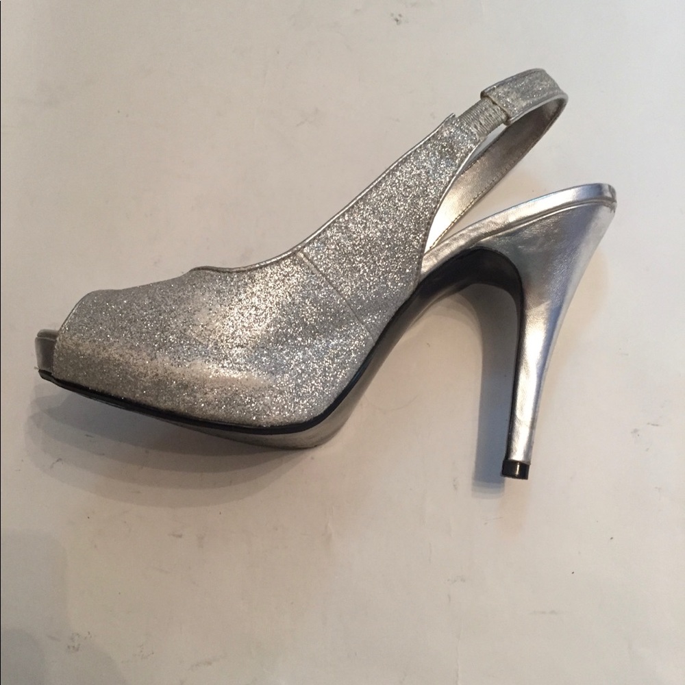 LULU TOWNSEND HEEL SLINGBACK PEEP TOE SILVER GLITTER SIZE 7.5 38 SHOES - Picture 3 of 9